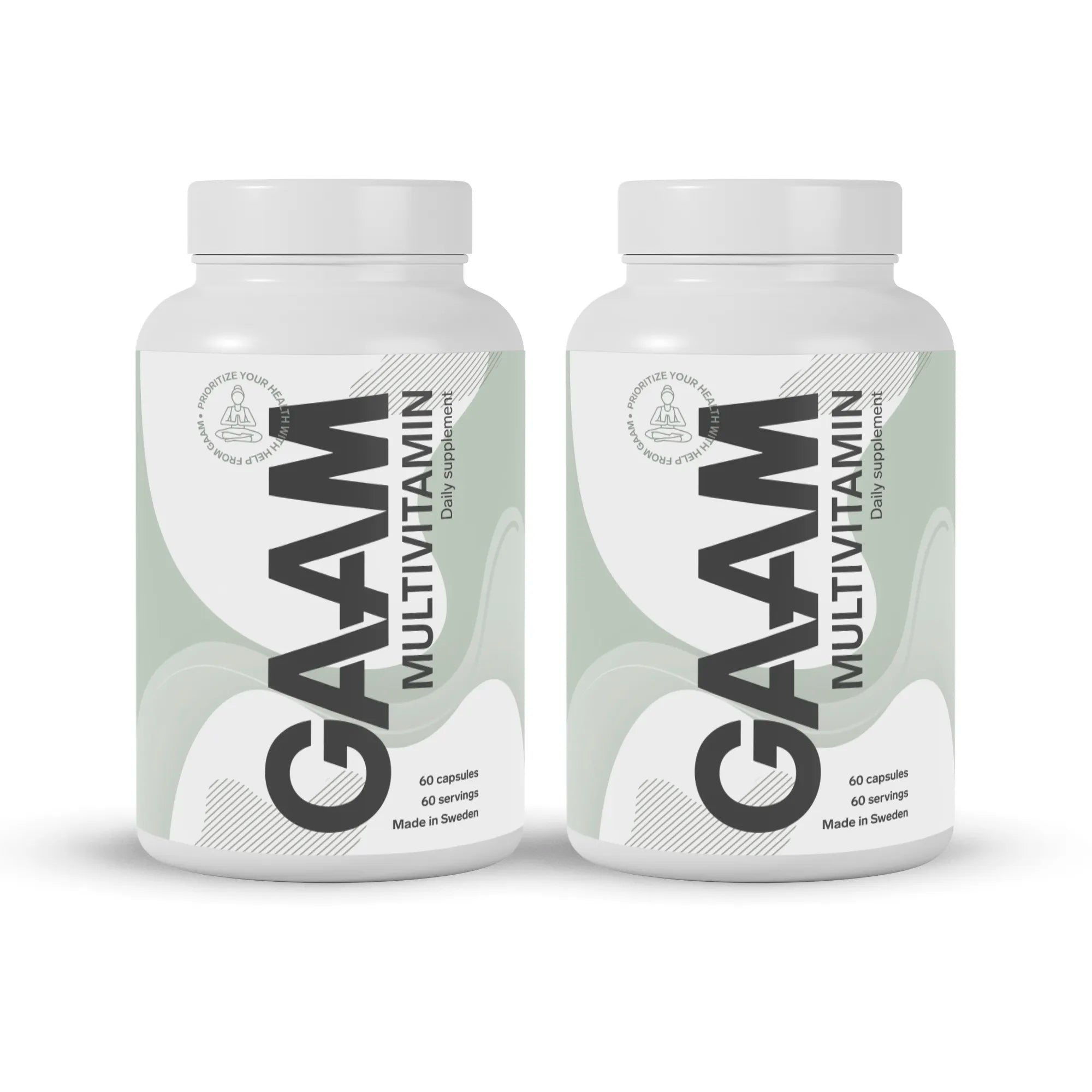 2 x GAAM Multivitamin 60 caps i to hvite bokser med lysegrønne detaljer og svart tekst.