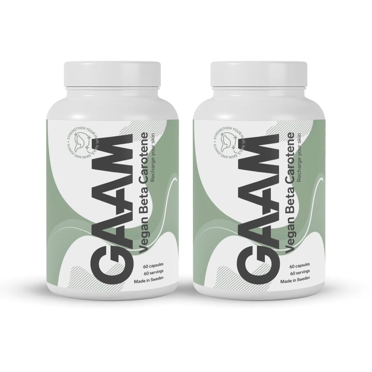 2 x GAAM Vegan Beta carotene 60 caps kosttilskudd i to hvite bokser med grønne detaljer.