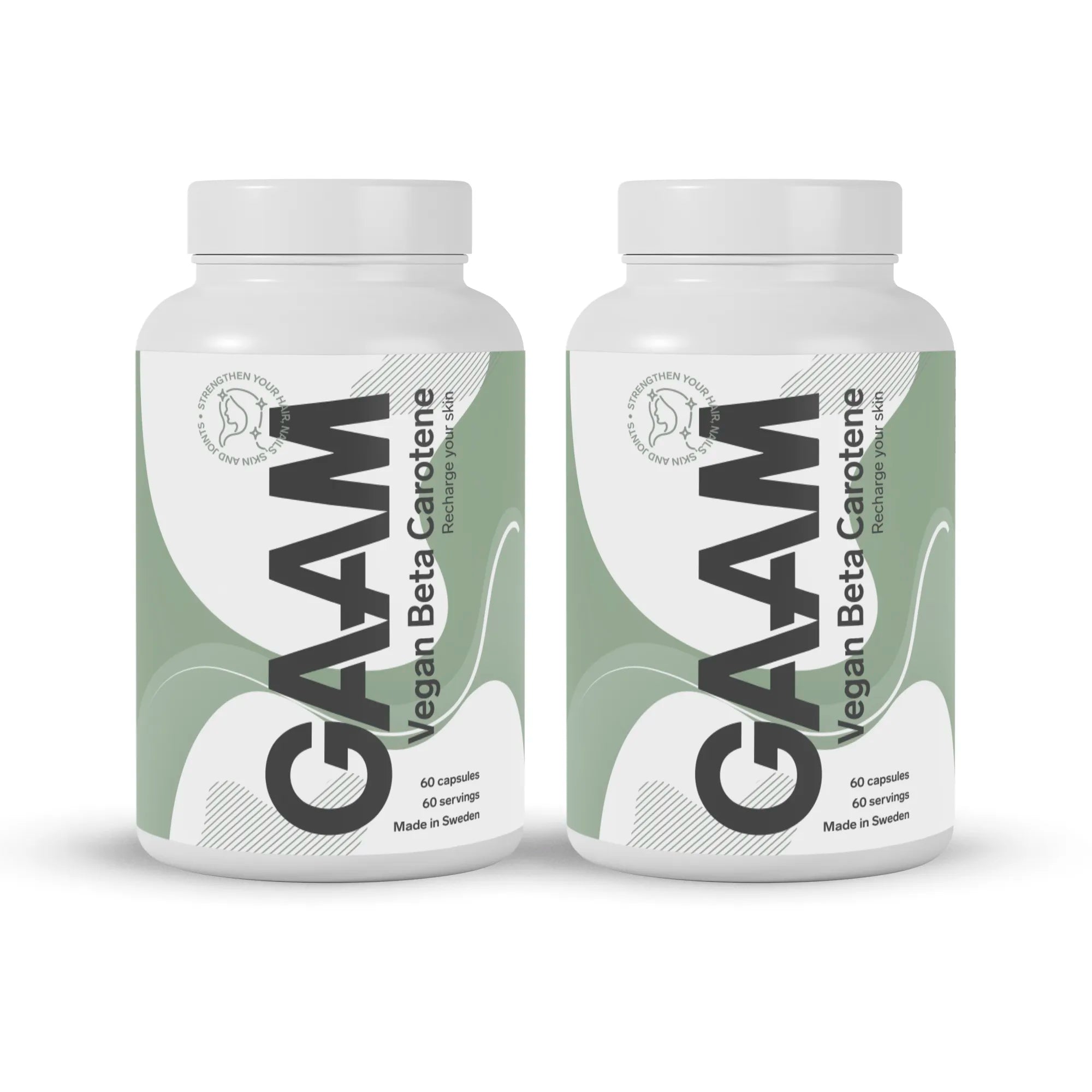2 x GAAM Vegan Beta carotene 60 caps kosttilskudd i to hvite bokser med grønne detaljer.