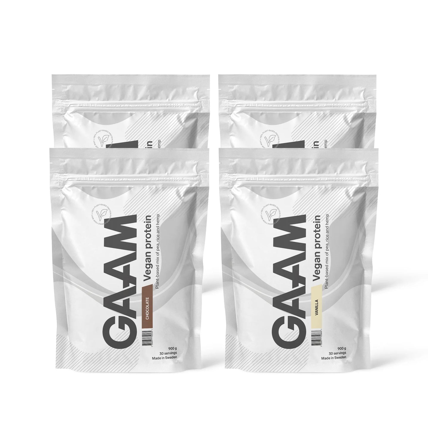 4 x GAAM Vegan Protein 900 g i en pakke med fire hvite poser for smakene Chocolate og Vanilla.