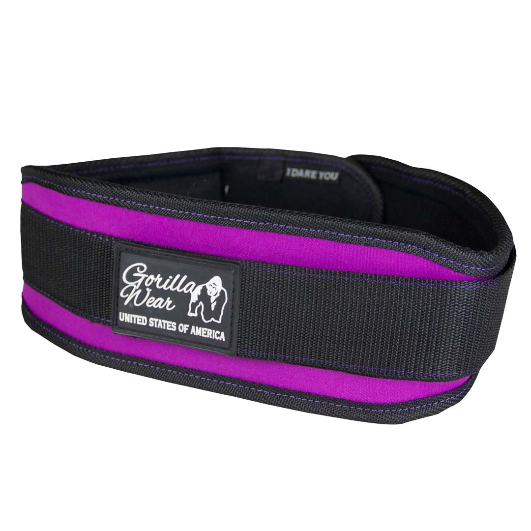 Gorilla Wear 4 Inch Women's Lifting Belt Black/Purple, et lilla og svart treningsbelte i nylon for damer.