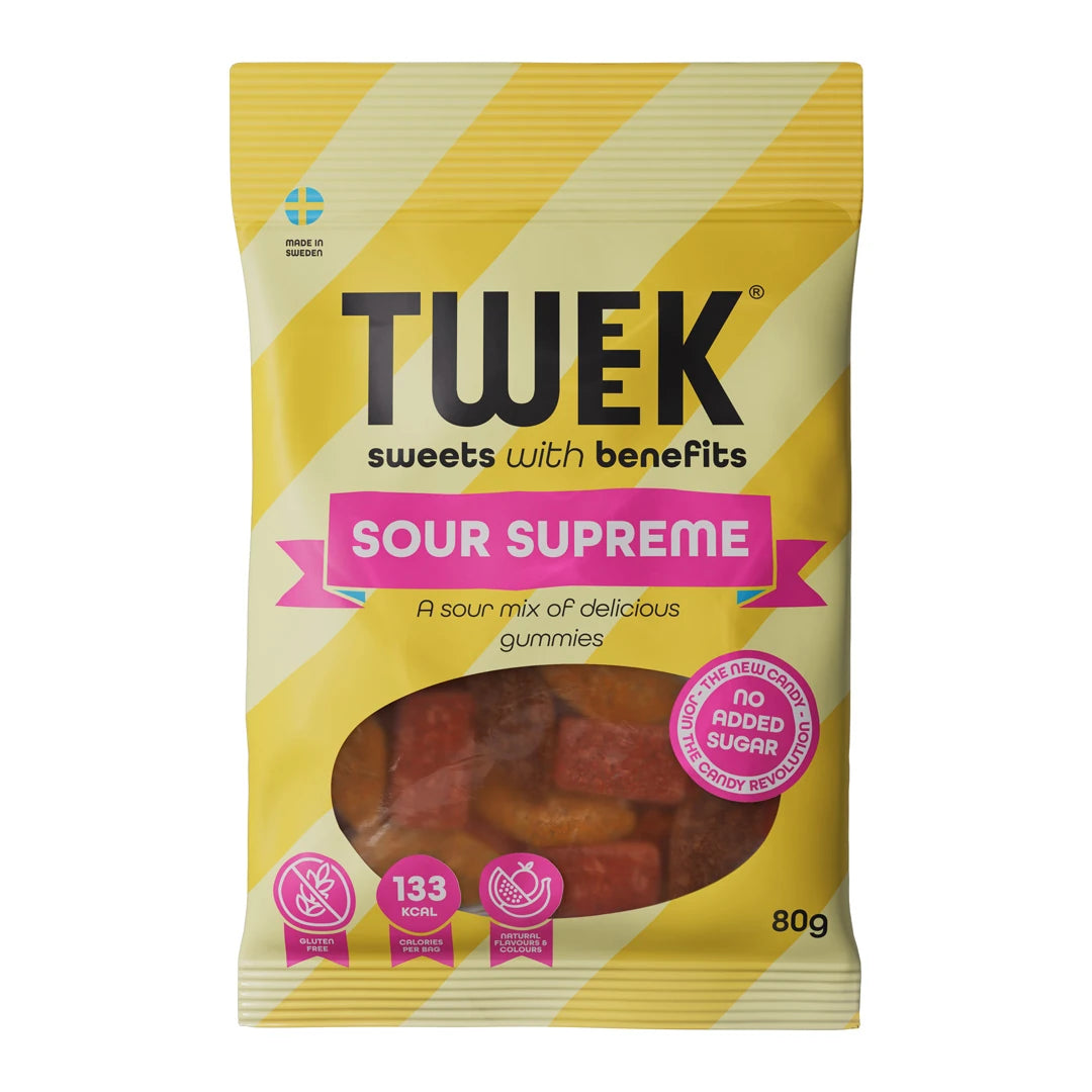 Tweek Sweets 80 g godteri i en gul- og hvitstripet pose med rosa detaljer for smaken Sour Supreme., bilde 5 av 7
