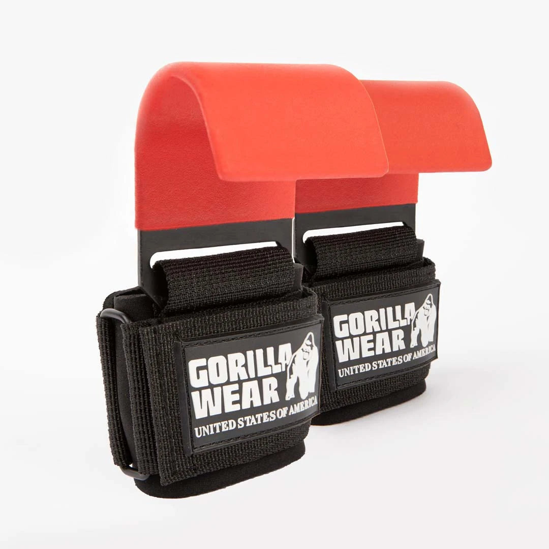 Gorilla Wear Weight Lifting Hooks Black/Red er svarte håndleddsstropper i nylon med brede, røde drakroker i stål.