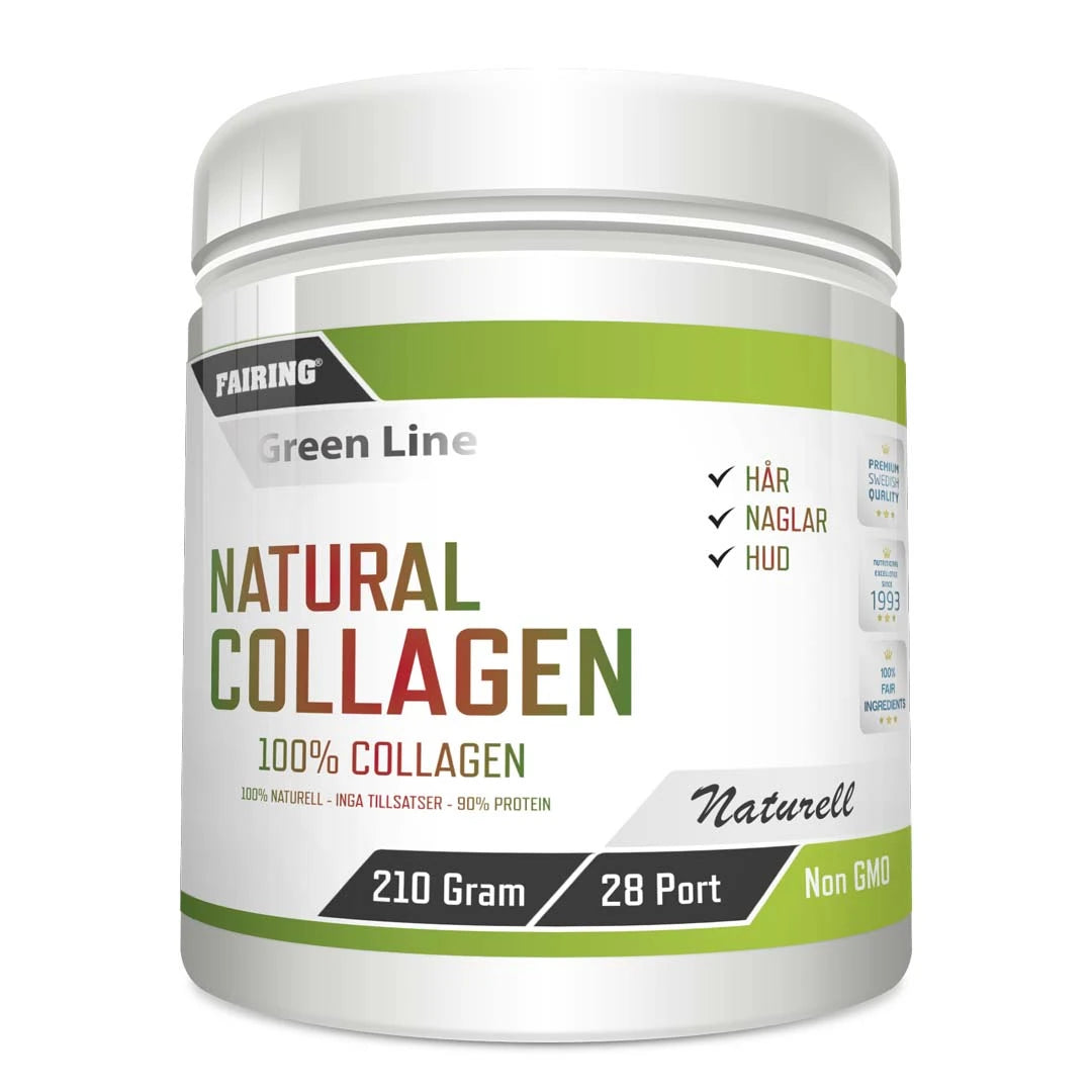 Fairing Natural Collagen 210 g kollagenpulver for hår, hud og negler i en hvit boks med grønne detaljer.