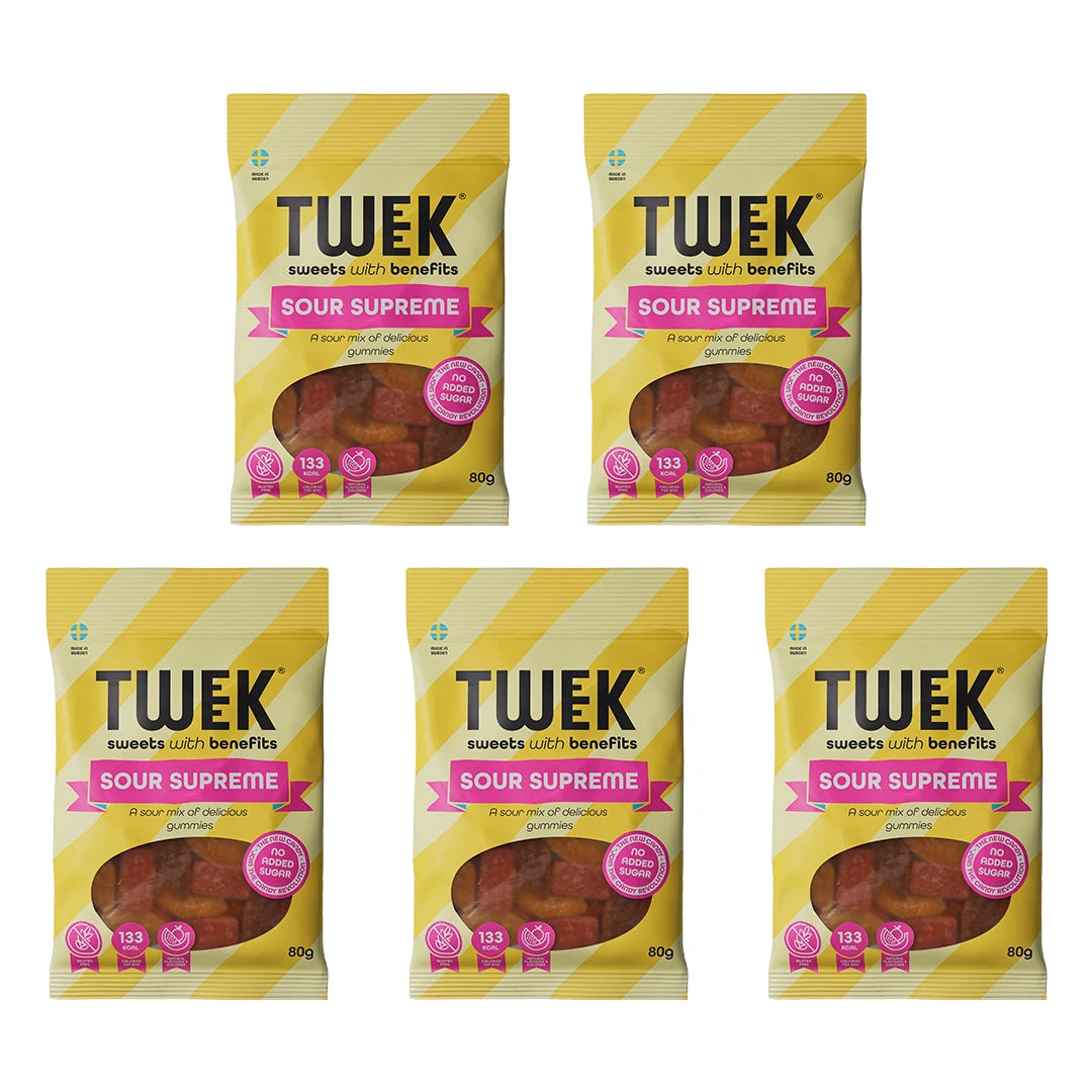 Fem poser 5 x Tweek Sweets 80 g Sour Supreme godteri med gul- og hvitstripet design og rosa detaljer.