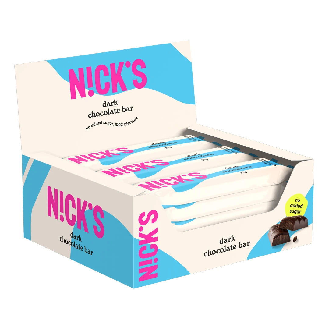 15 x Nicks Dark Chocolate 25 g i en hvit og lyseblå displayeske fylt med matchende sjokoladebarer., bilde 1 av 1