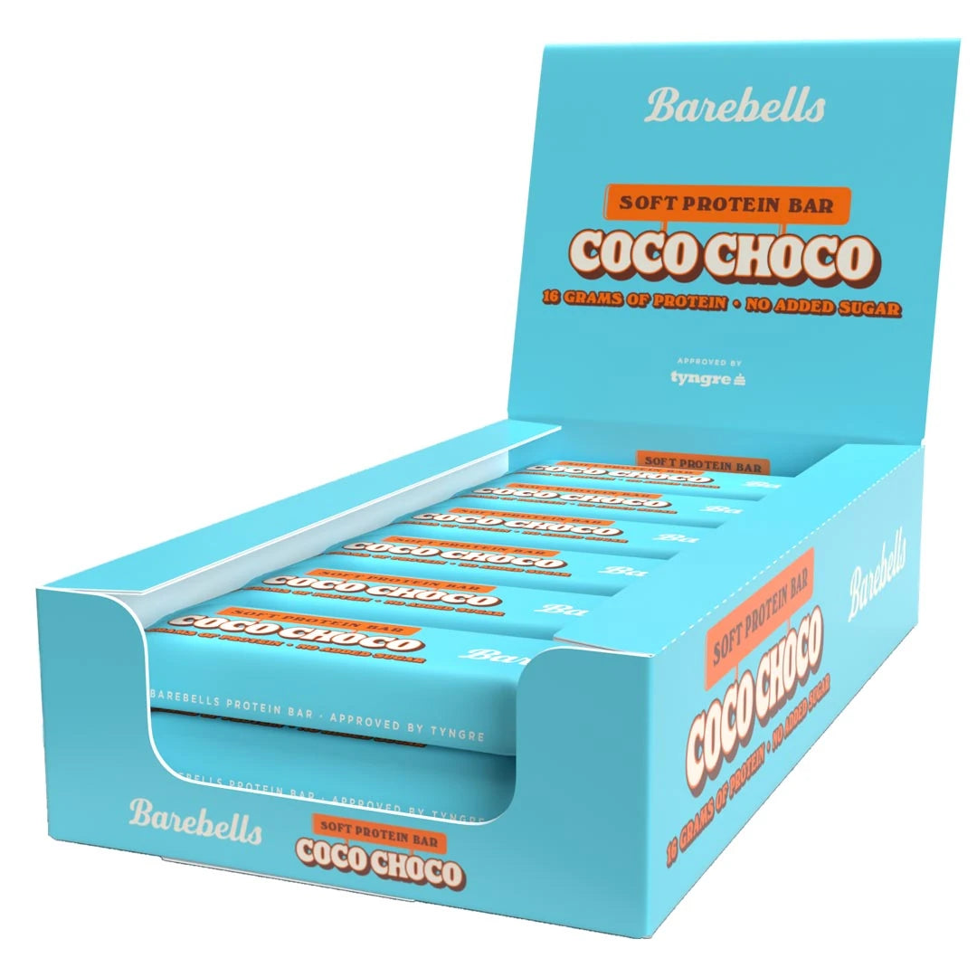 12 x Barebells Soft Protein Bar 55 g Coco Choco i en lyseblå displayeske med oransje detaljer.