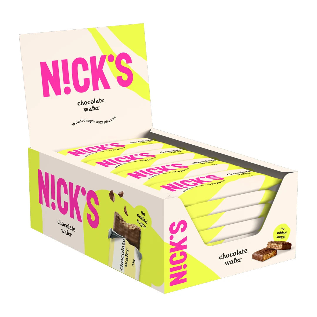 24 x Nicks Chocolate Wafer 35 g i en hvit og limegrønn displayeske fylt med sjokoladekjeks og rosa detaljer., bilde 1 av 1
