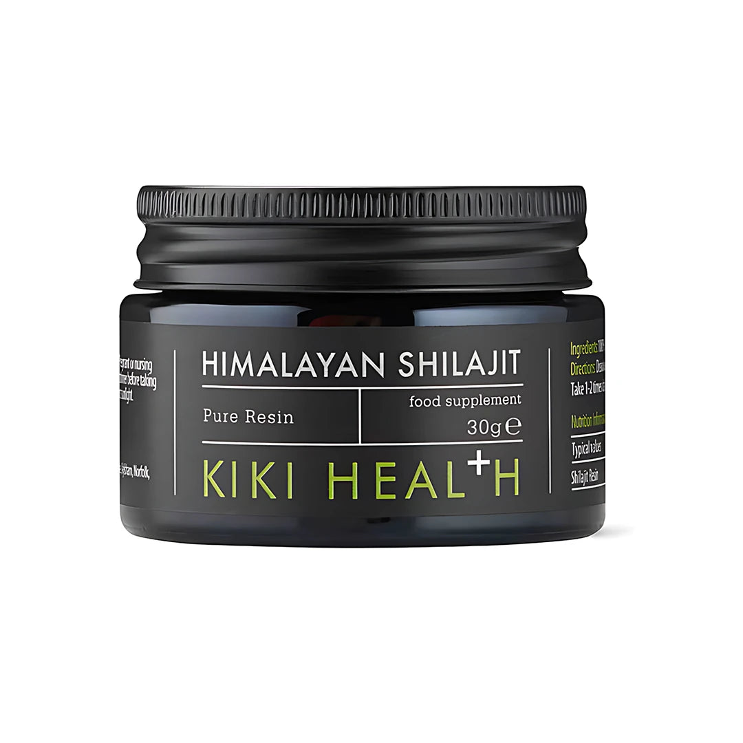 KIKI Health Himalayan Shilajit 30 g i en mørk glasskrukke med svart lokk og svart etikett med grønne detaljer., bilde 1 av 1