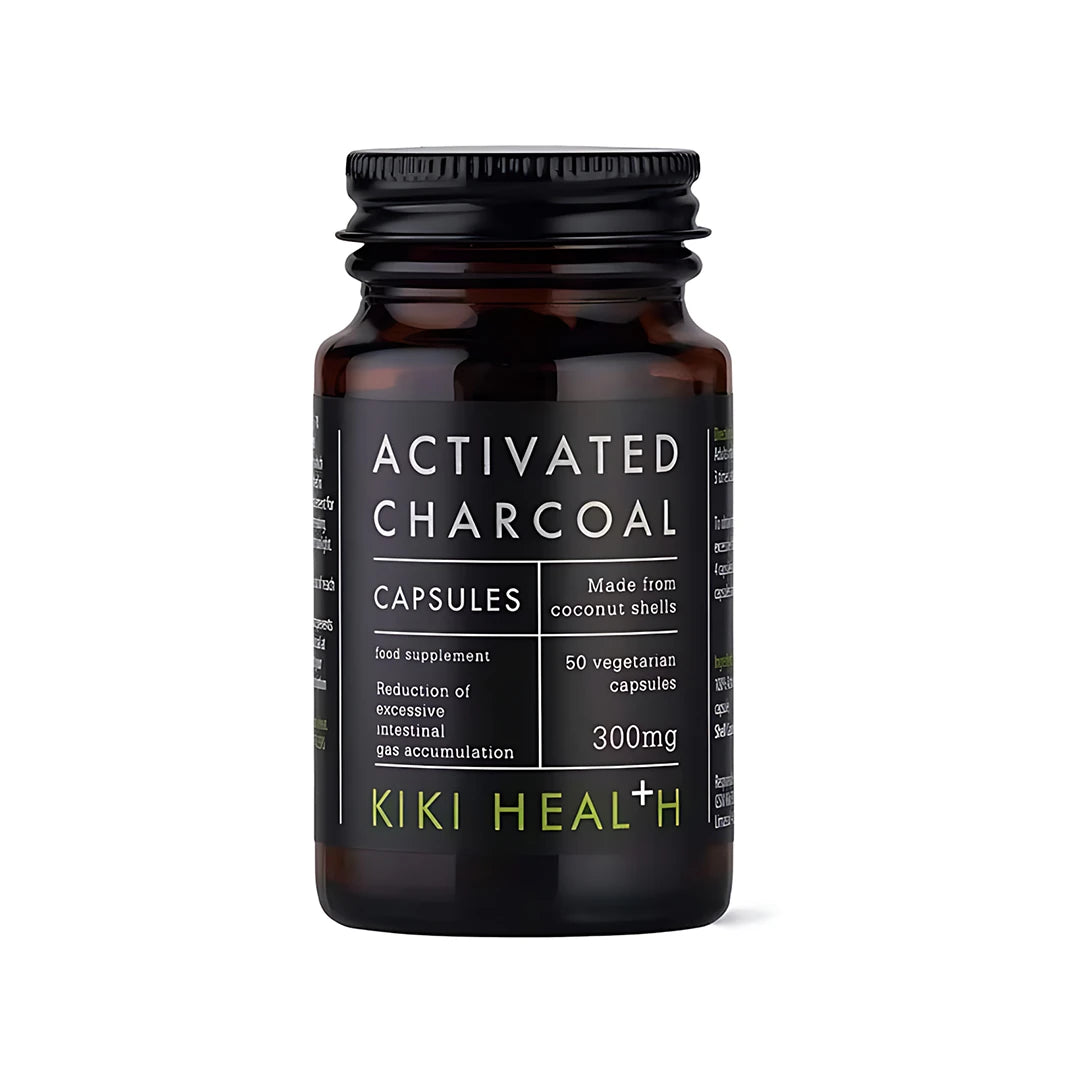 KIKI Health Activated Charcoal 50 caps i en mørk glasskrukke med svart etikett og hvite detaljer., bilde 1 av 1
