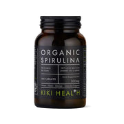 KIKI Health Organic Spirulina 200 tabs i en mörk glasburk med svart etikett och gröna detaljer.