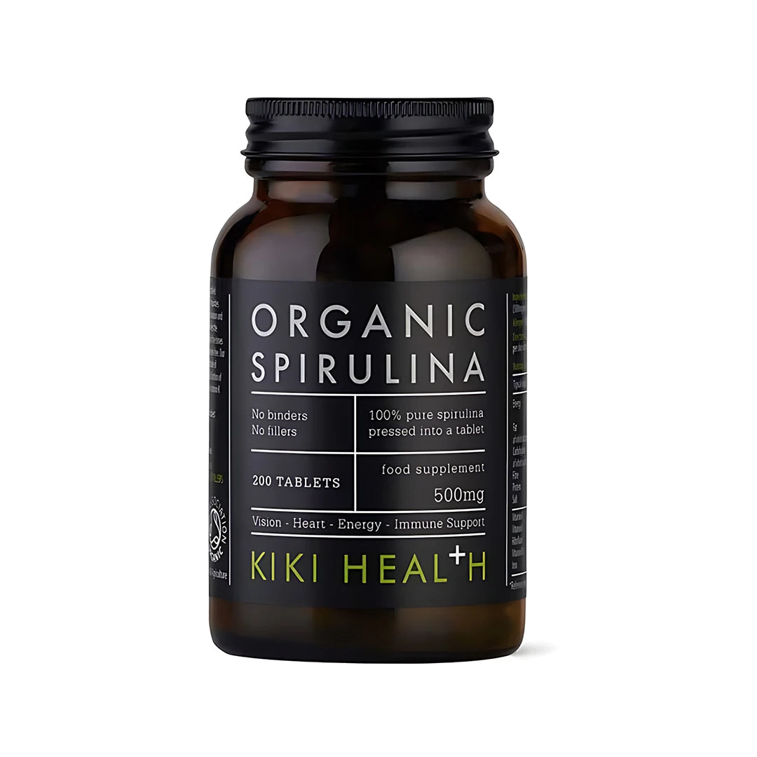KIKI Health Organic Spirulina 200 tabs i en mørk glasskrukke med svart etikett og grønne detaljer., bilde 1 av 1
