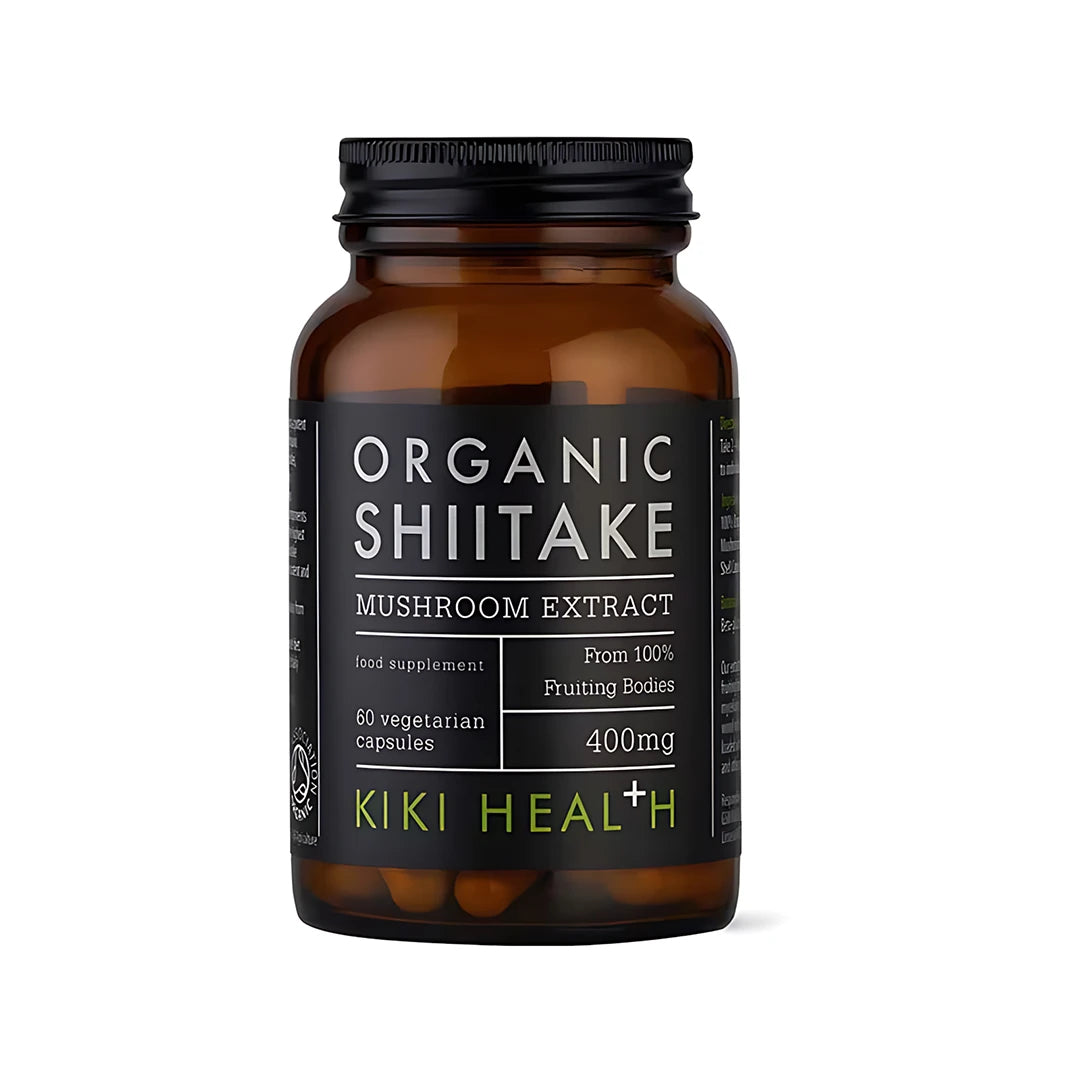 KIKI Health Organic Shiitake Extract Mushroom 60 kapsler i en brun glasskrukke med svart etikett., bilde 1 av 1