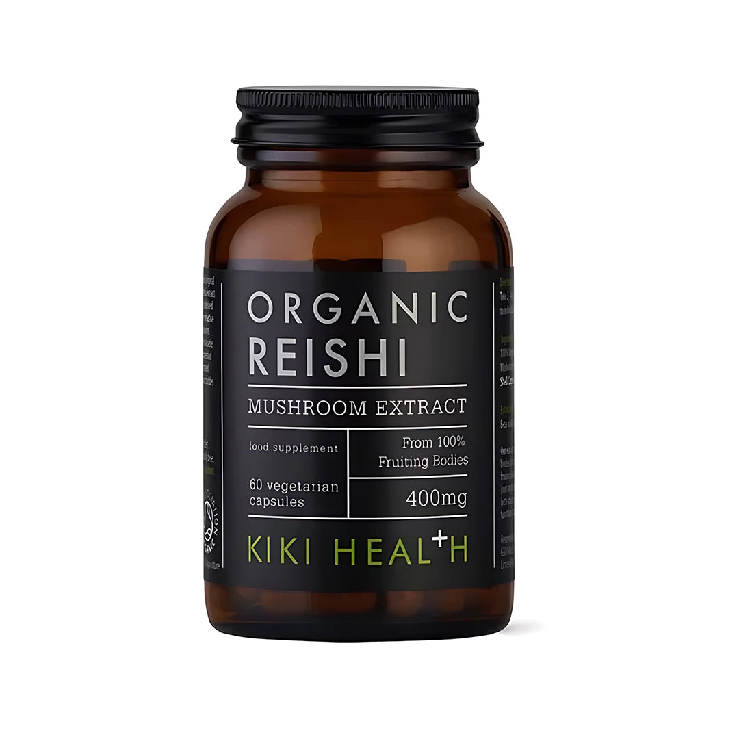 KIKI Health Organic Reishi Extract 60 kapsler soppekstrakt i en brun glasskrukke med svart etikett., bilde 1 av 1