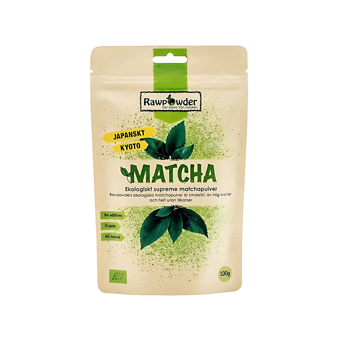 Rawpowder Matcha 100 g økologisk matchapulver i en lys beige pose med grønne blader og detaljer.