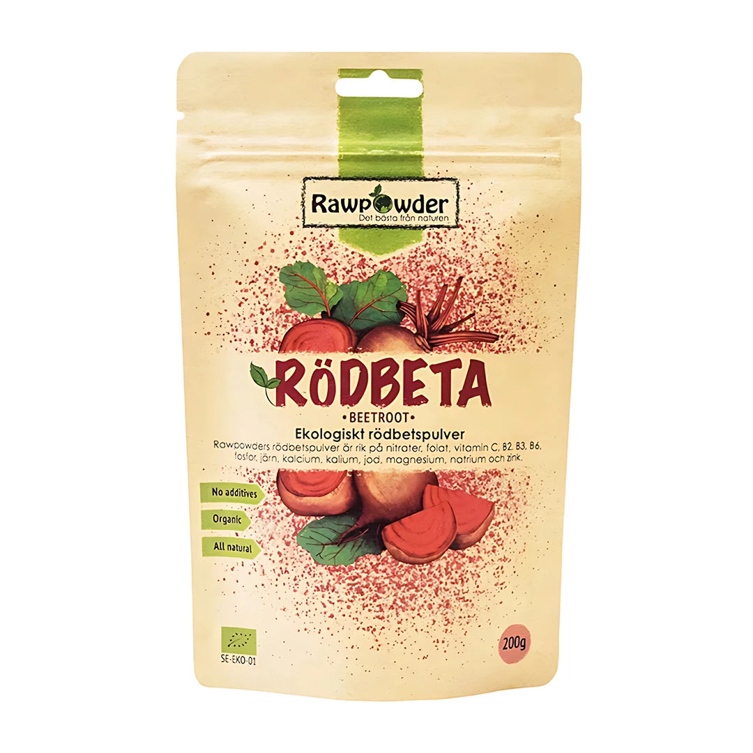 Rawpowder Rödbetspulver 200 g i en beige papirpose med rødbeteillustrasjoner og grønn logo.