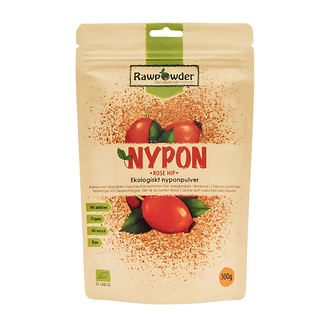 Rawpowder Nyponpulver 300 g i en beige pose med røde nyper og grønn tekst, fylt med økologisk pulver.