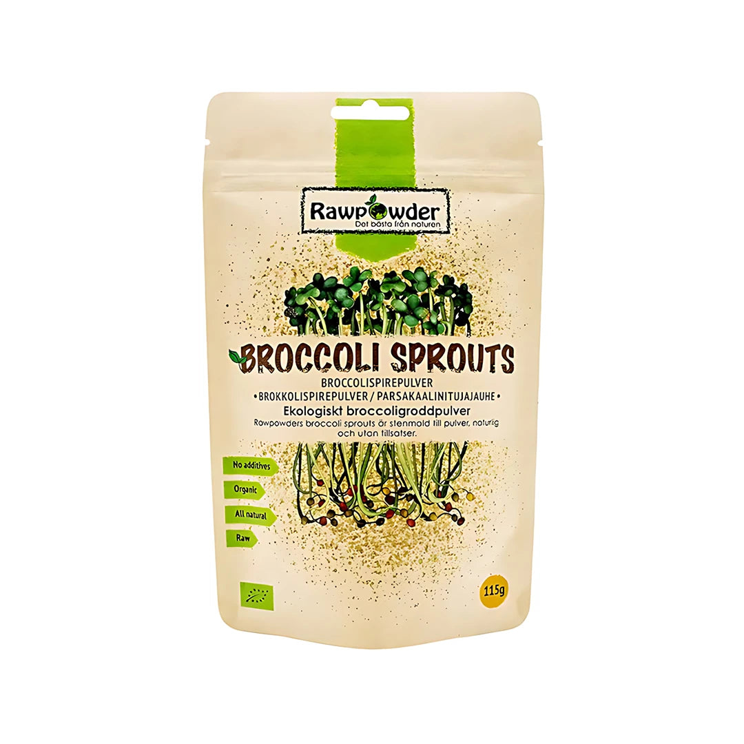 Rawpowder brokkolispirepulver 115 g i en beige pose med grønne detaljer og brokkolispirer., bilde 1 av 1