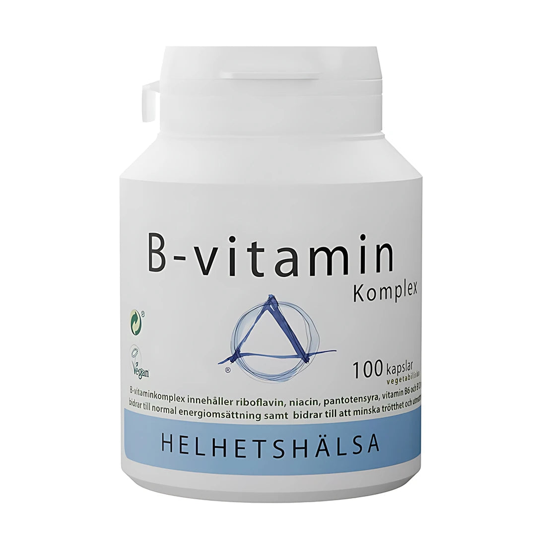 Helhetshälsa B-vitamin kompleks 100 caps pakket i en hvit plastboks med blå og svarte detaljer på etiketten.