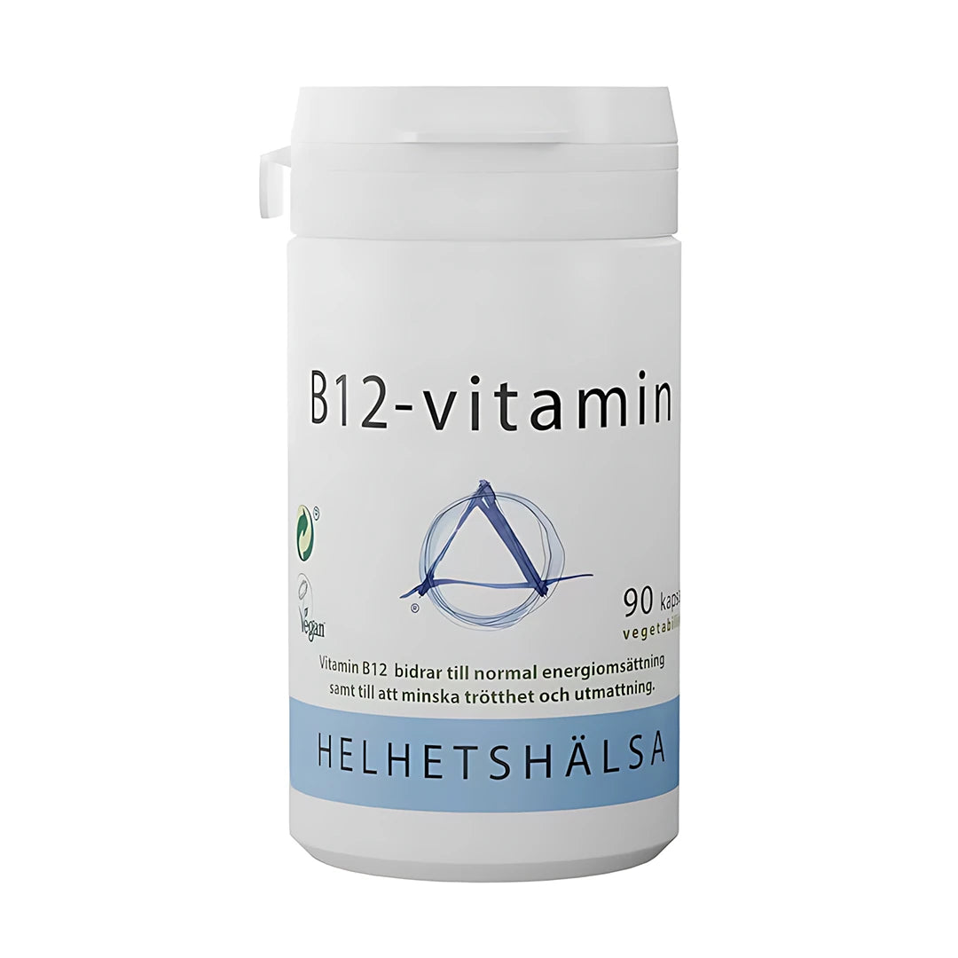 Helhetshälsa B12 Vitamin 90 caps kosttilskudd i en hvit plastboks med lyseblå detaljer., bilde 1 av 1