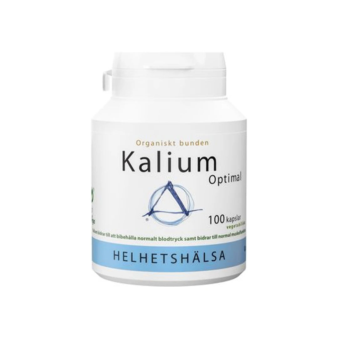 Helhetshälsa Kalium Optimal 100 caps i en hvit boks med blå og svarte detaljer, som inneholder kaliumsitrat.