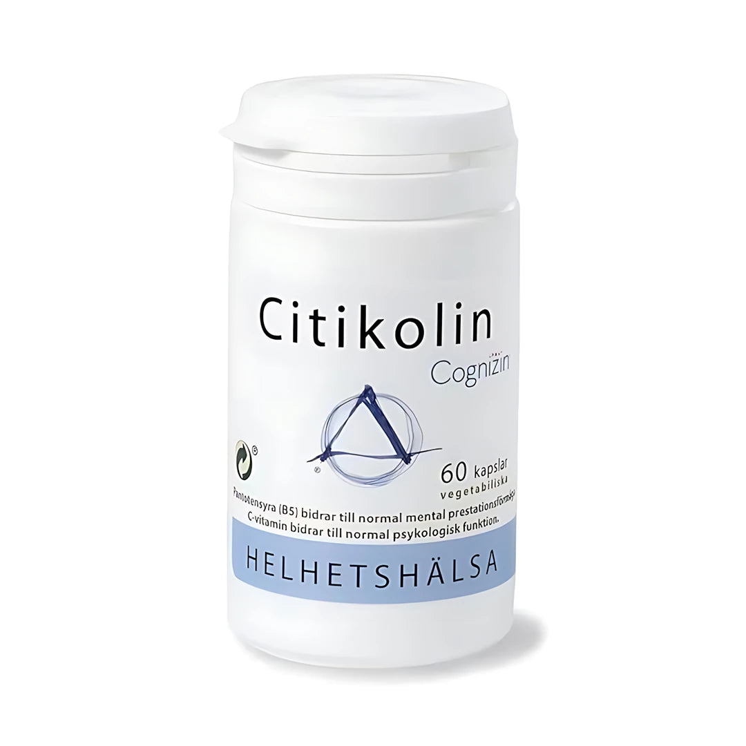 Helhetshälsa Citikolin 60 caps, en hvit plastboks med blå og svart tekst.