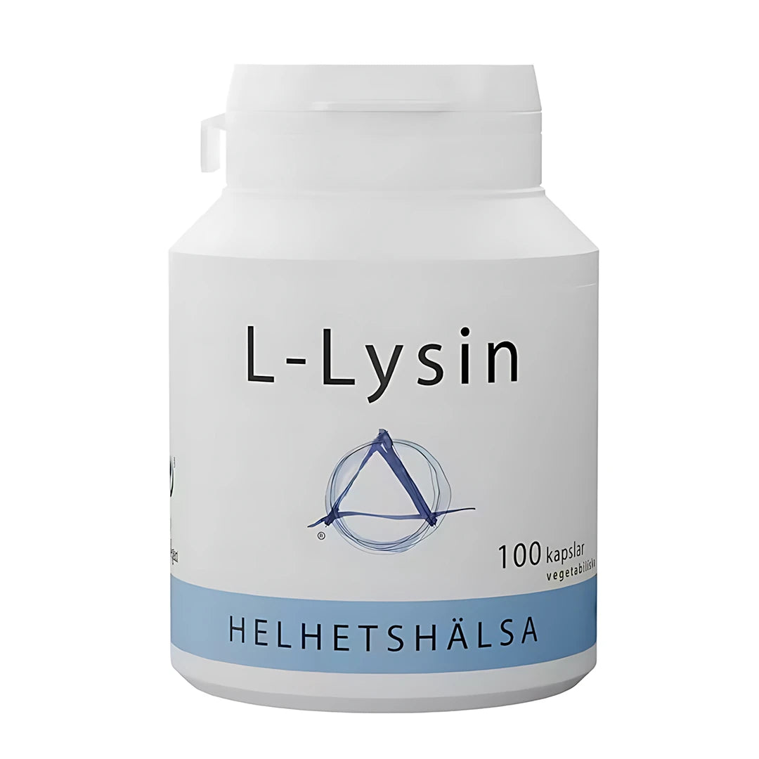Helhetshälsa L-Lysin 470 mg 100 caps aminosyrer i en hvit plastboks med lyseblå detaljer.