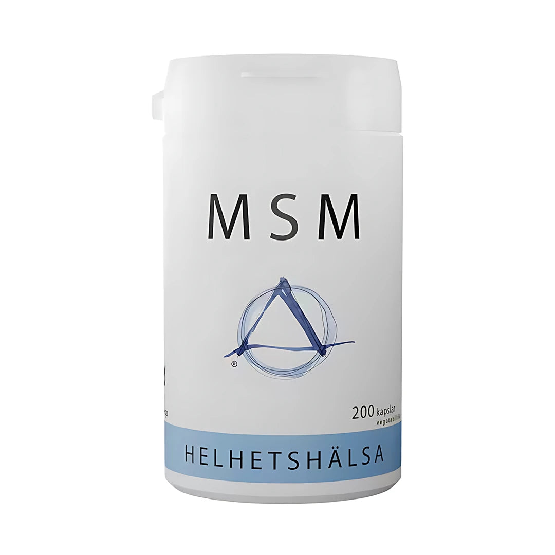 Helhetshälsa MSM 520 mg 200 caps kosttilskudd i en stilren hvit boks med blå detaljer.