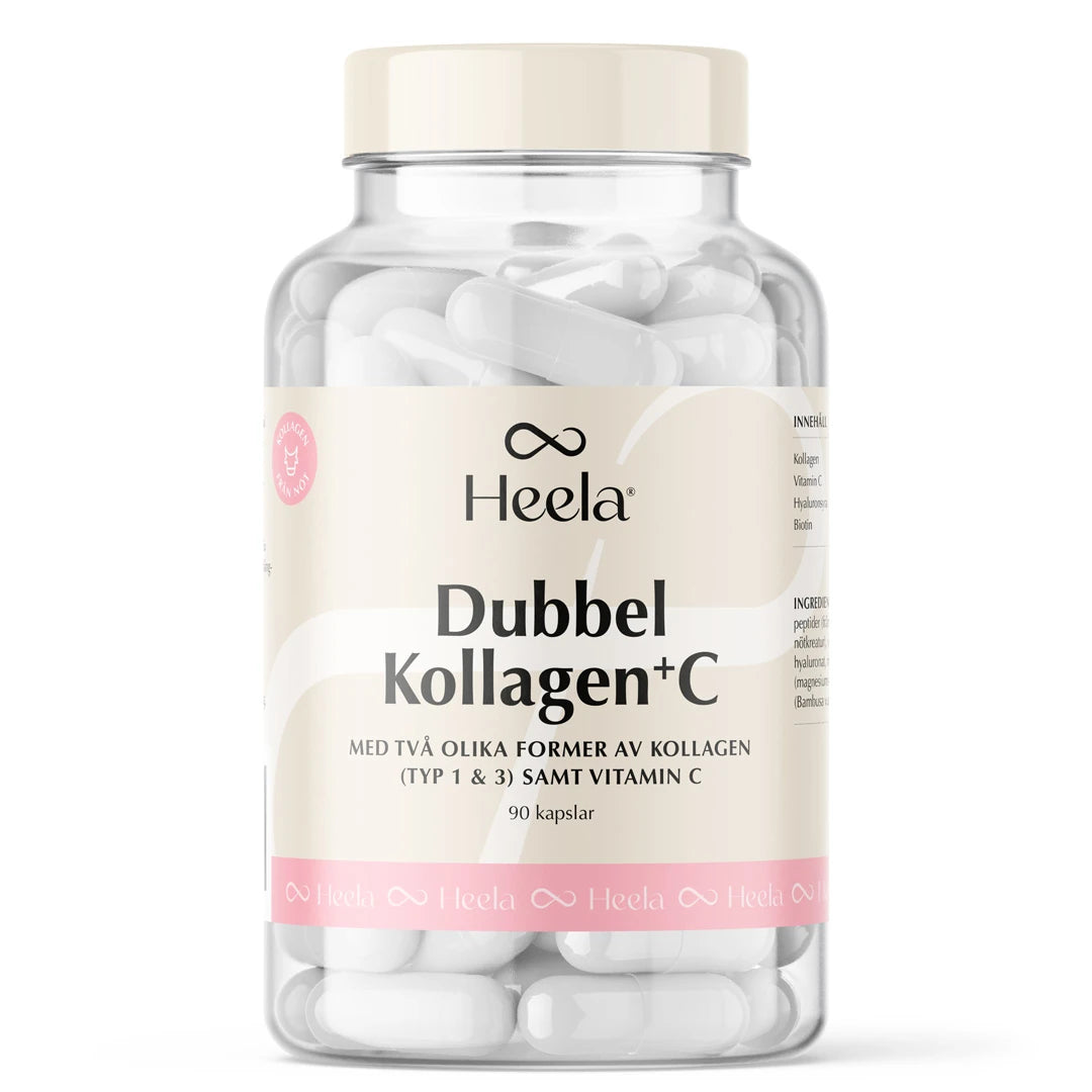 Heela Dubbel Kollagen + C 90 caps i en gjennomsiktig boks med hvit og beige etikett, fylt med hvite kapsler.