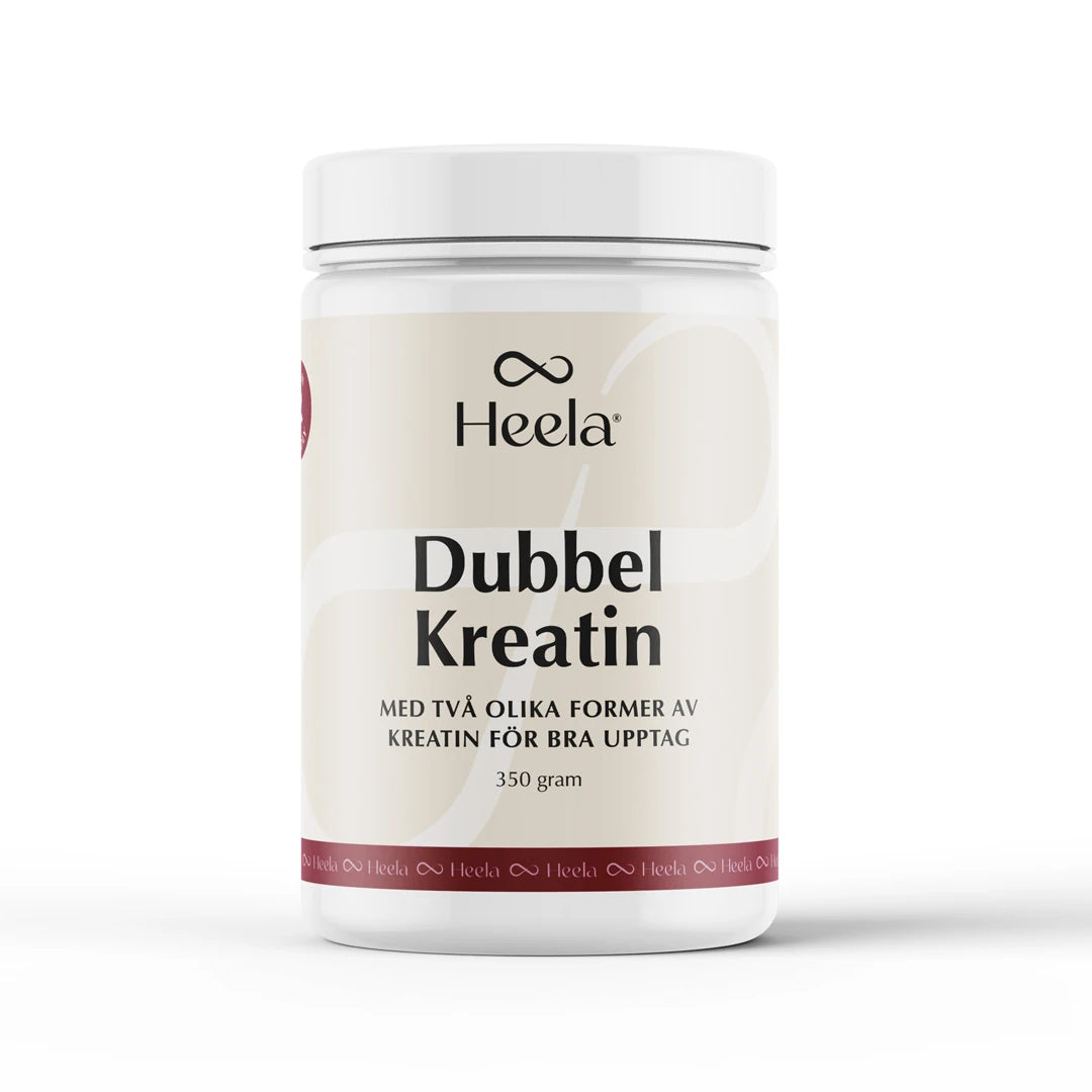 Heela Dubbel Kreatin 350 g kreatin i pulverform, pakket i en hvit boks med lysebeige etikett.