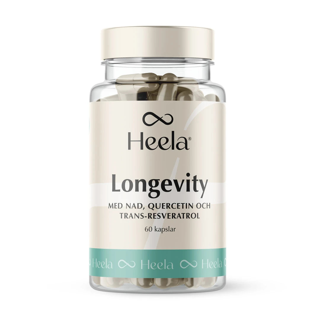 Heela Longevity 60 caps kosttilskudd i en transparent plastboks med beige etikett og turkise detaljer.