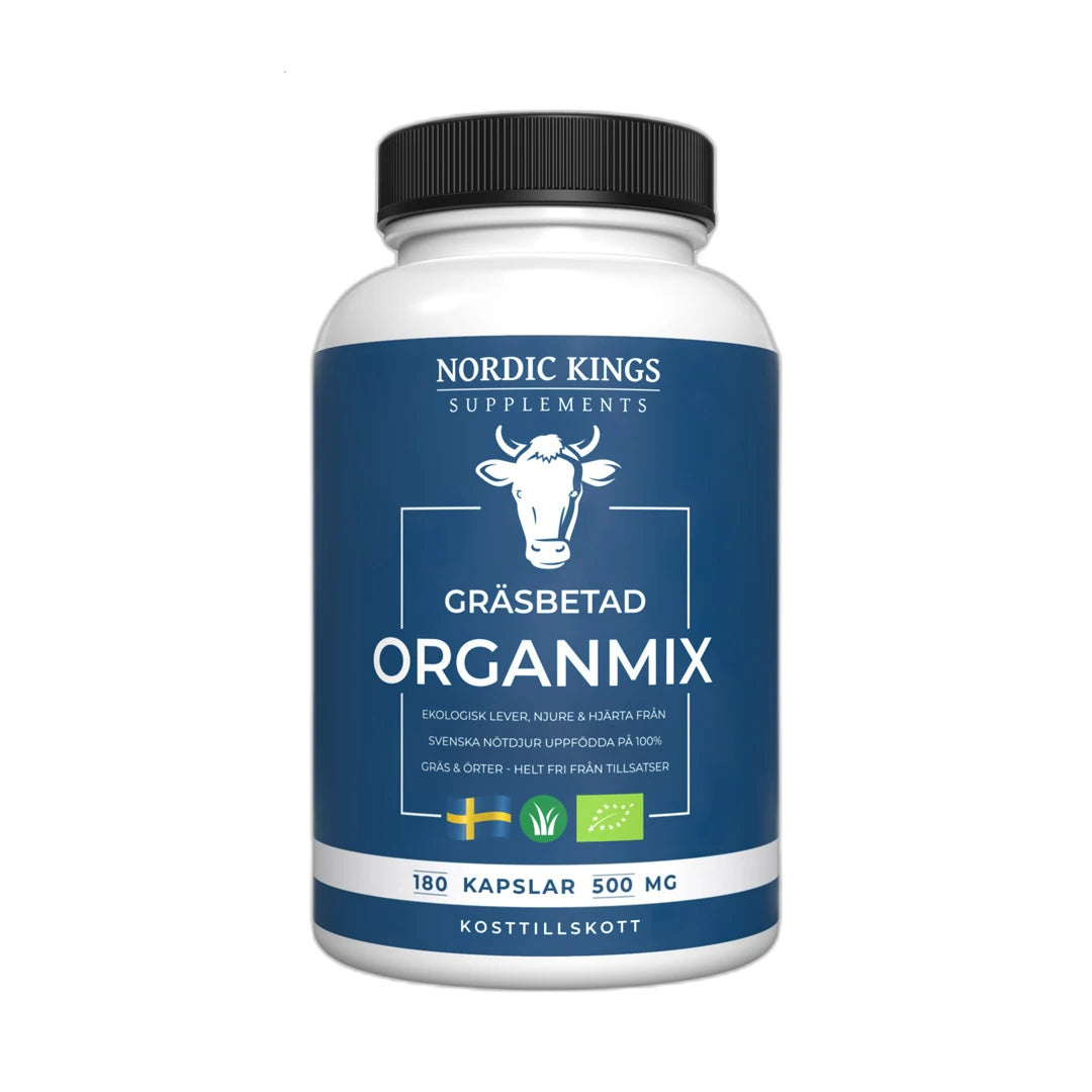 Nordic Kings Gräsbetad Organmix EKO 180 caps i en hvit boks med mørkeblå etikett og svart lokk.