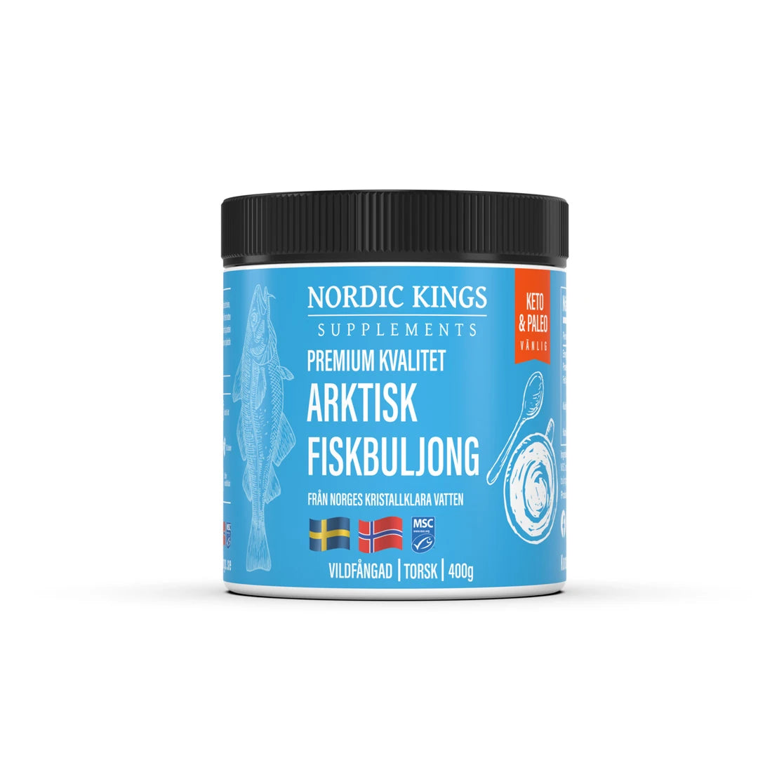 Nordic Kings Arktisk Fiskbuljong Premium MSC 400 g pakket i en boks med svart lokk og blå etikett.