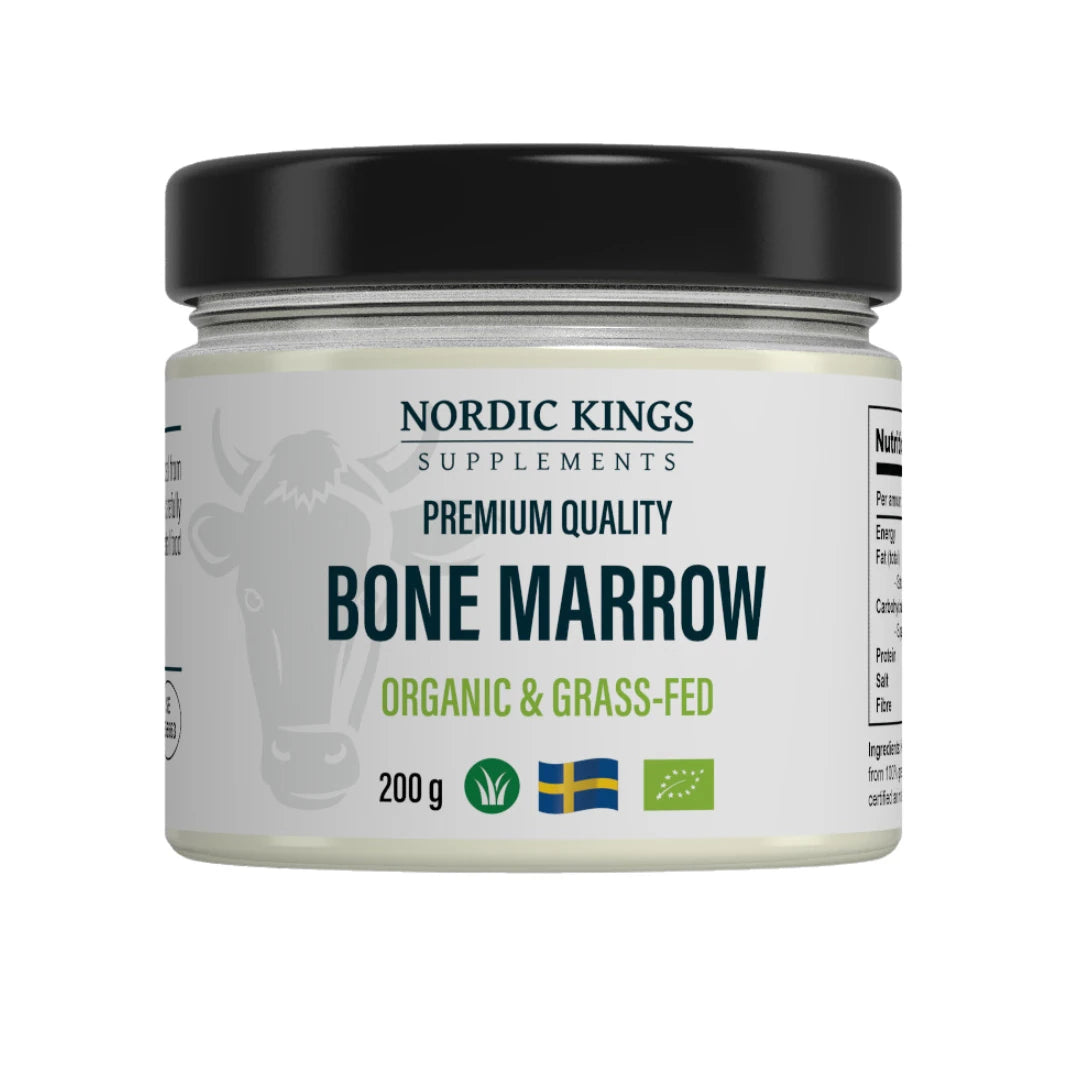 Nordic Kings Premium Bone Marrow EKO 200 g i en glasskrukke med svart lokk og hvit etikett.