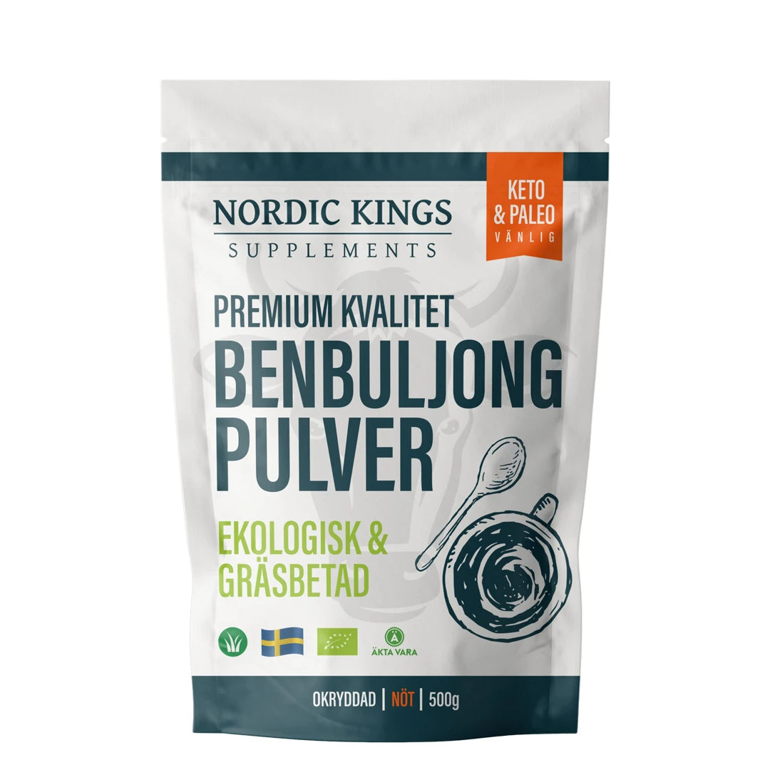 Nordic Kings Premium Benbuljongpulver EKO 500 g pakket i en hvit pose med mørkeblå og oransje detaljer.
