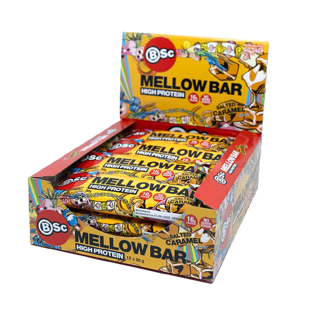 12 x BSc Mellow Bar 50 g Salted Caramel i en fargerik kartong for visning i butikk.