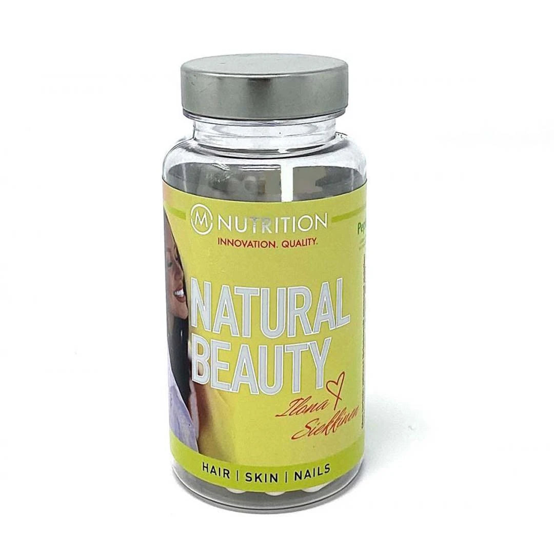 M-nutrition X Ilona Siekkinen Natural Beauty 60 caps i en gjennomsiktig boks med en lysegrønn og gul etikett.