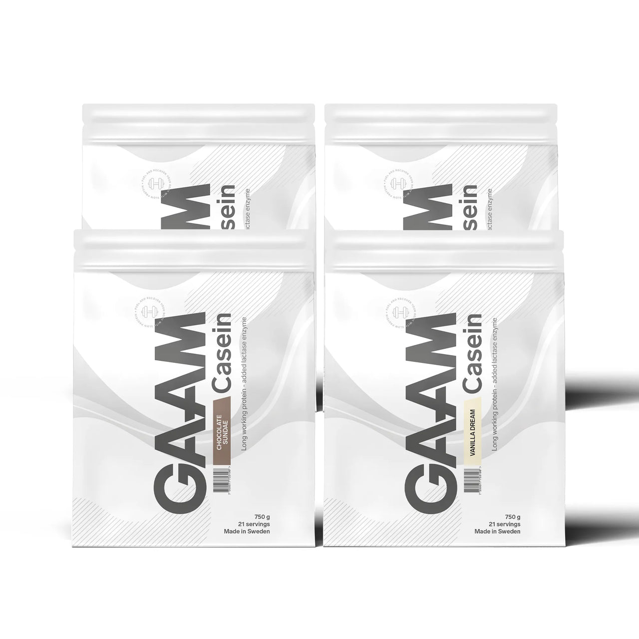 4 x GAAM Casein Kaseinprotein 750 g i fire hvite poser med grå detaljer for ulike smaker.