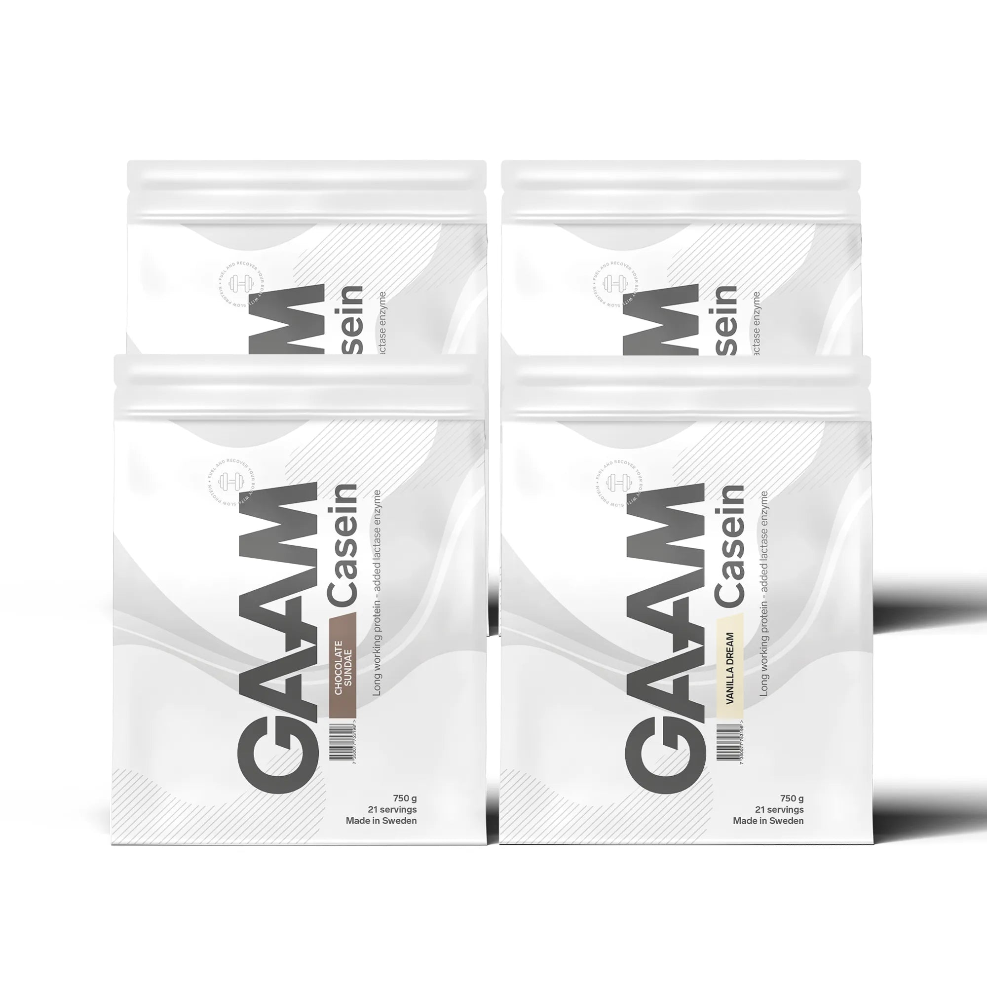 4 x GAAM Casein Kaseinprotein 750 g i fire hvite poser med grå detaljer for ulike smaker.