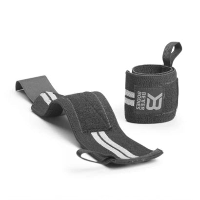 Better Bodies Elastic Wrist Wraps Black, svarte håndleddsbind med grå striper og tommelløkke.