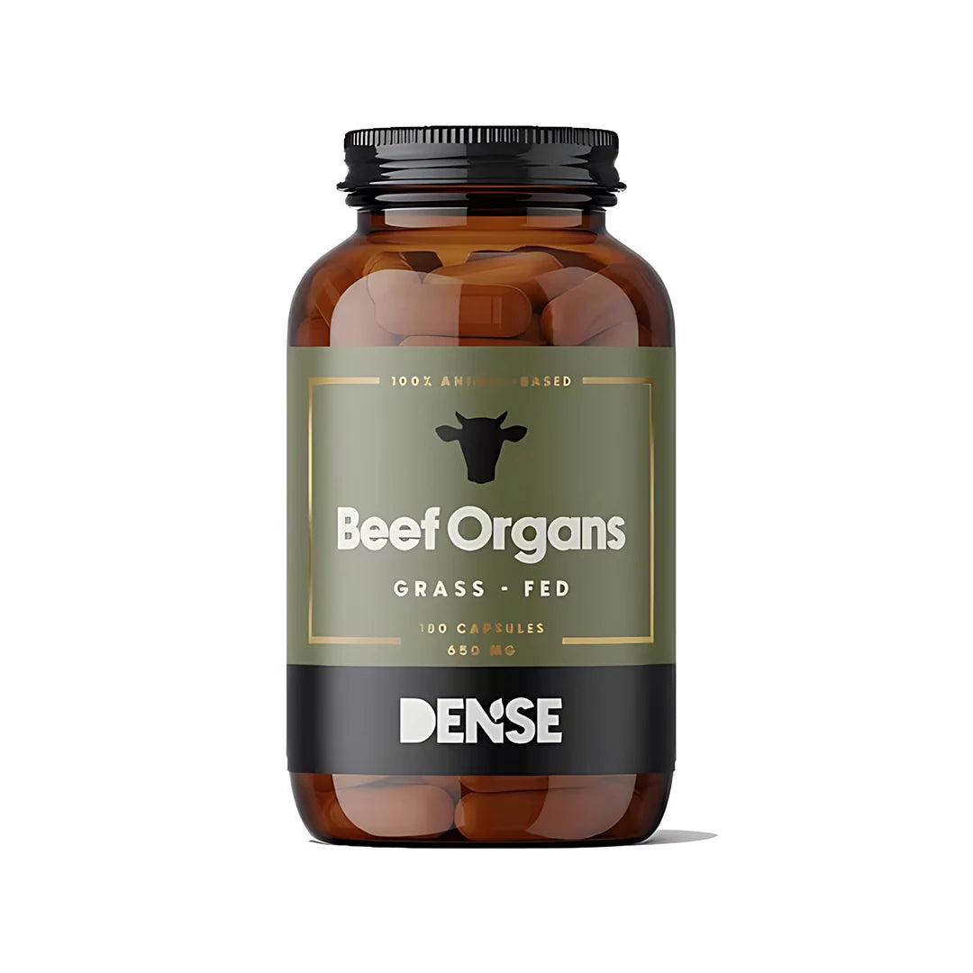 Dense Beef Organs 180 caps multivitaminkapsler pakket i en mørkebrun krukke med grønn og svart etikett.