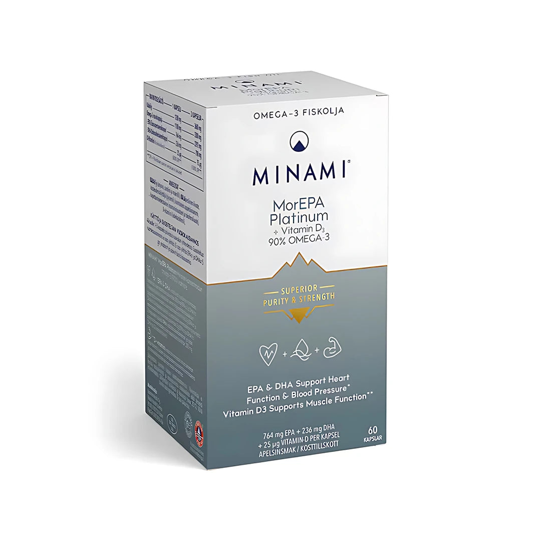 Minami MorEPA Platinum 90% 60 caps omega-3 fiskeolje, pakket i en hvit og grå eske med gulldetaljer.