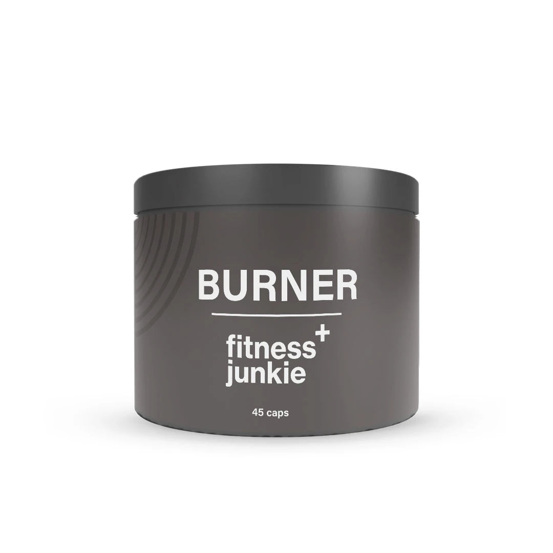 fitnessjunkie Burner 45 caps fettforbrenner i en mørkegrå boks med hvit tekst.