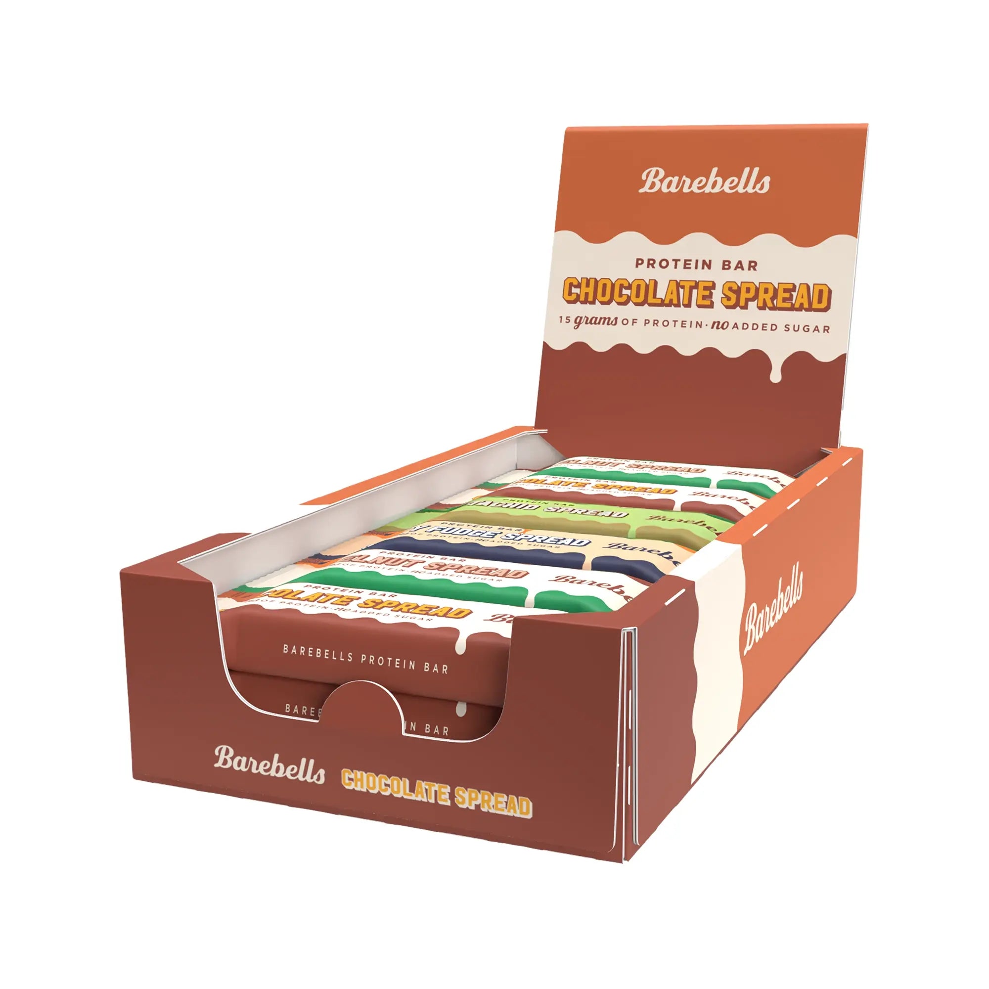 12 x Barebells Protein Bar Spread 45 g mixboks i en brun og oransje displaykartong fylt med proteinbarer i ulike smaker., bilde 1 av 1