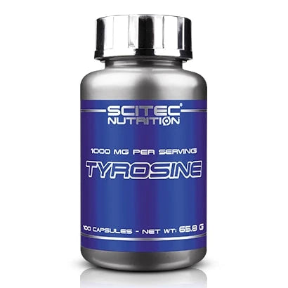 Scitec Nutrition Tyrosine 100 caps kosttilskudd i en sølvfarget boks med blå etikett og blankt lokk.