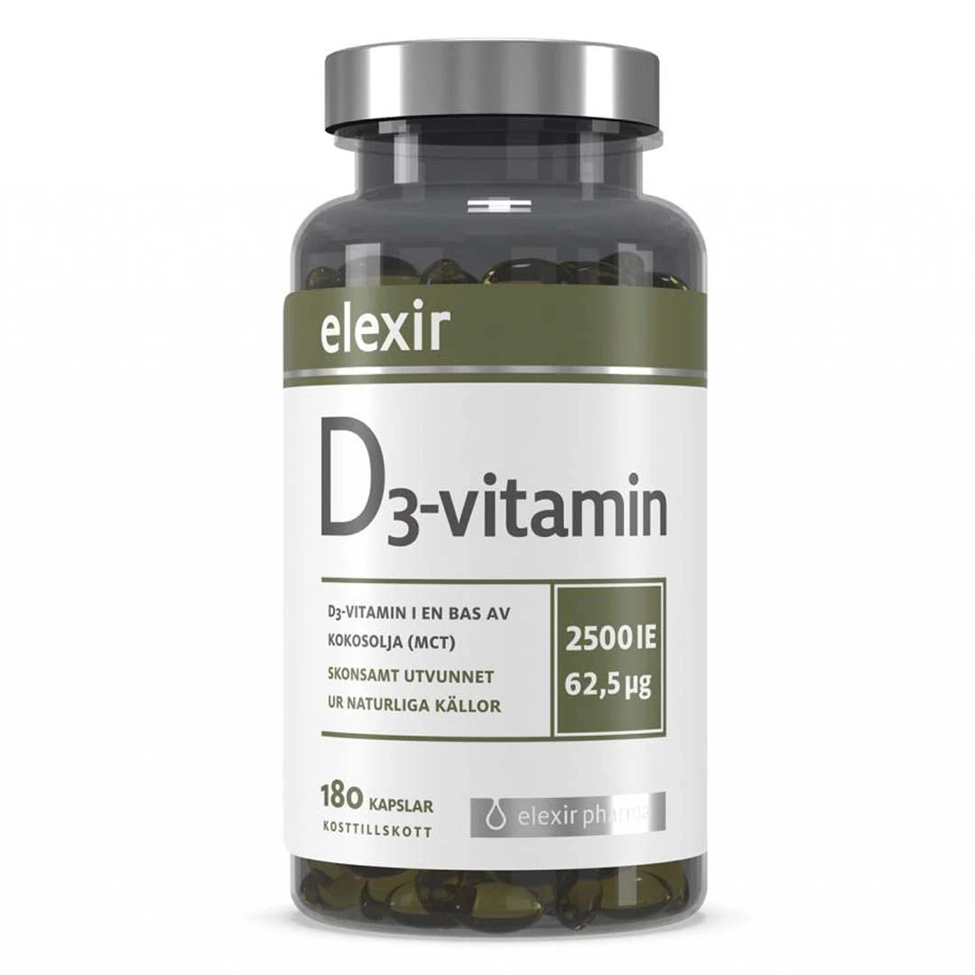 Elexir Pharma D3 Vitamin 2500IE 180 caps kosttilskudd i en mørk boks med sølvlokk og hvit etikett.