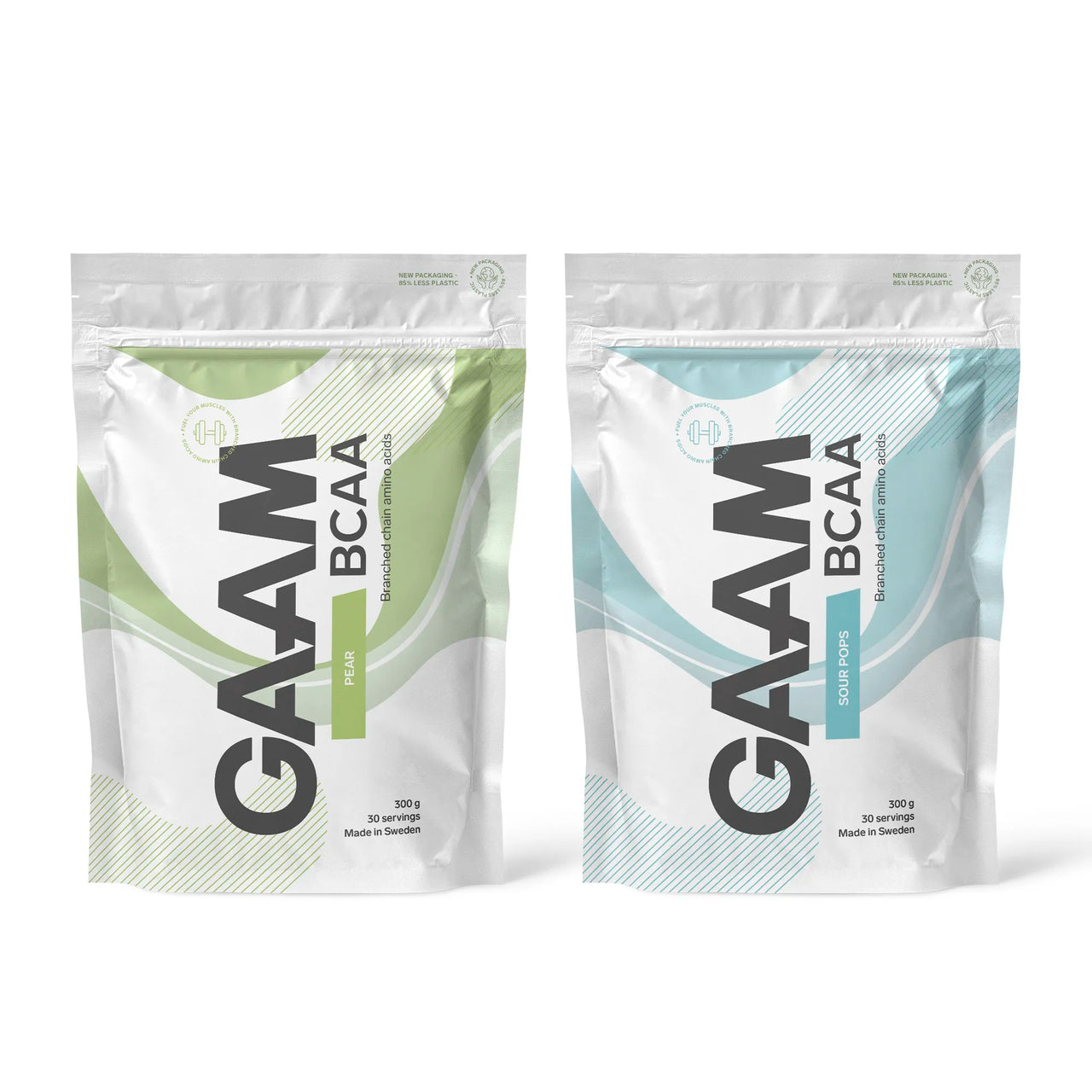 2 x GAAM BCAA 300 g i to hvite poser med grønne og blå detaljer for smakene Pear og Sour Pops.