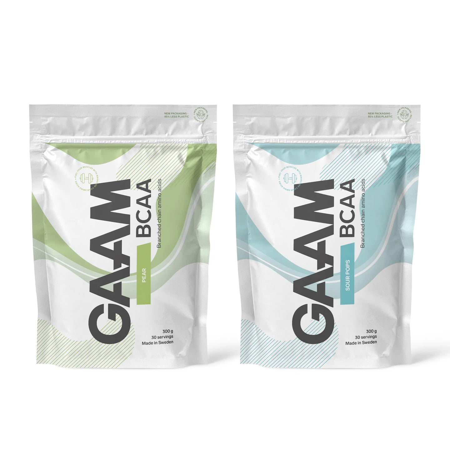 2 x GAAM BCAA 300 g i to hvite poser med grønne og blå detaljer for smakene Pear og Sour Pops.