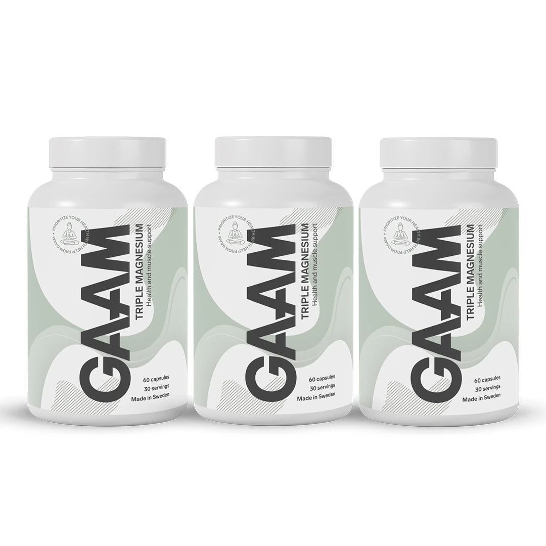 3 x GAAM Triple Magnesium 60 caps i tre hvite bokser med grågrønne og svarte detaljer for muskelstøtte.