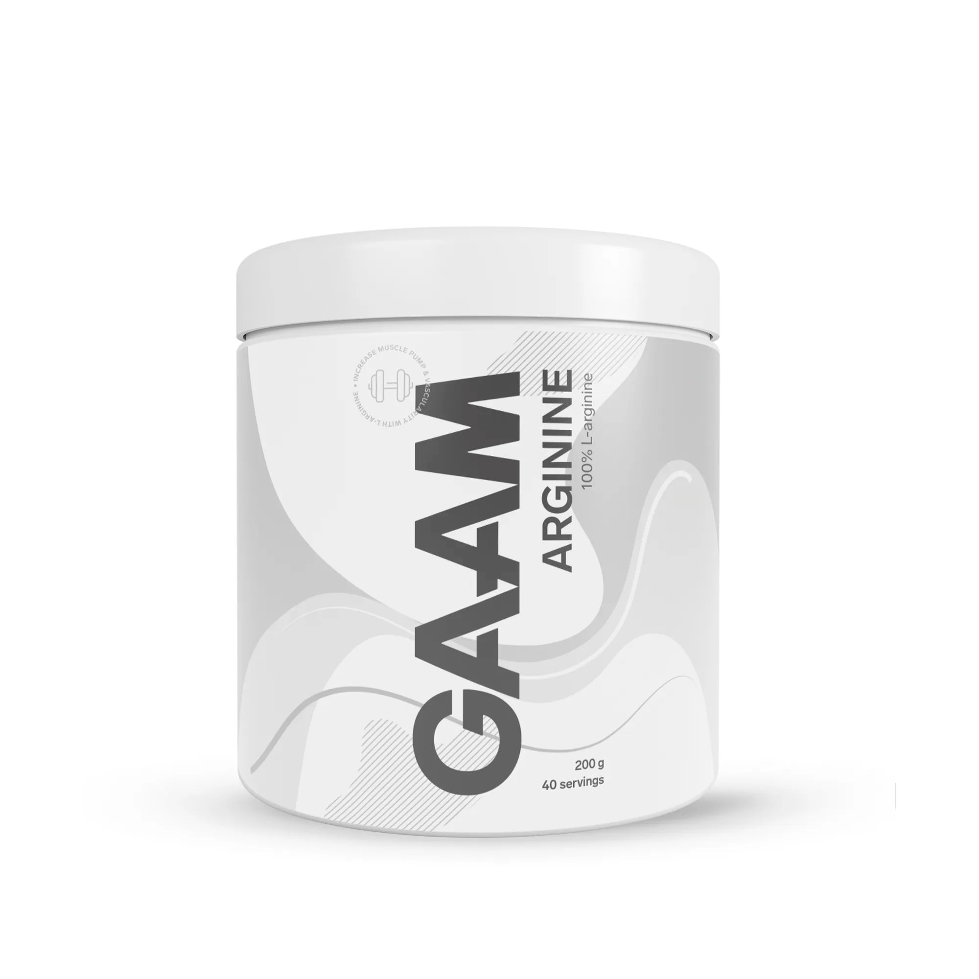 GAAM Arginine 200 g aminosyre i pulverform pakket i en hvit boks med lysegrå detaljer.